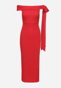 Born2be - Czerwona Koktajlowa Taliowana Sukienka Ozdobiona Kokardą Emallle. Typ kołnierza: kokarda. Kolor: czerwony. Wzór: aplikacja. Typ sukienki: dopasowane. Styl: wizytowy #2