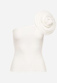 Born2be - Biała Asymetryczna Bluzka z Bawełny Ozdobiona Kwiatem 3D Ulsavia. Kolor: biały. Materiał: bawełna. Wzór: aplikacja, kwiaty #3