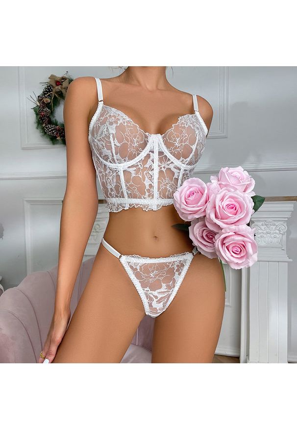 Intica - Komplet bielizny z gorsetowym topem i figami delikatny materiał Racheal. Kolor: różowy. Materiał: materiał