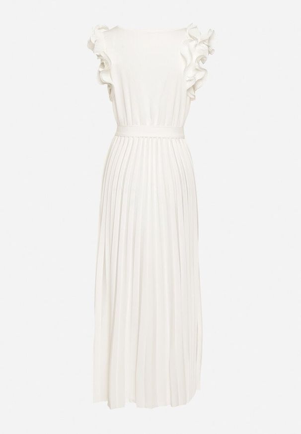 Born2be - Biała Sukienka z Kopertowym Dekoltem i Falbanką z Gumką w Talii i Materiałowym Paskiem Tiamaraya. Okazja: na co dzień, na spotkanie biznesowe, do pracy. Typ kołnierza: dekolt kopertowy, dekolt w kształcie V. Kolor: biały. Materiał: materiał. Typ sukienki: kopertowe. Styl: biznesowy, casual