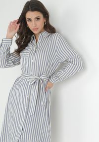 Born2be - Niebieska Koszulowa Sukienka z Bawełny w Paski Ditya. Kolor: niebieski. Materiał: bawełna. Wzór: paski. Typ sukienki: koszulowe #4