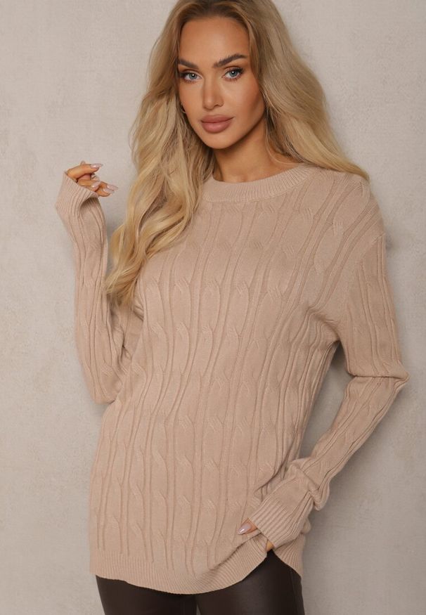 Renee - Beżowy Sweter z Wiskozą Ozdobiony Tłoczeniem Savra. Kolor: beżowy. Materiał: wiskoza. Wzór: aplikacja. Sezon: zima