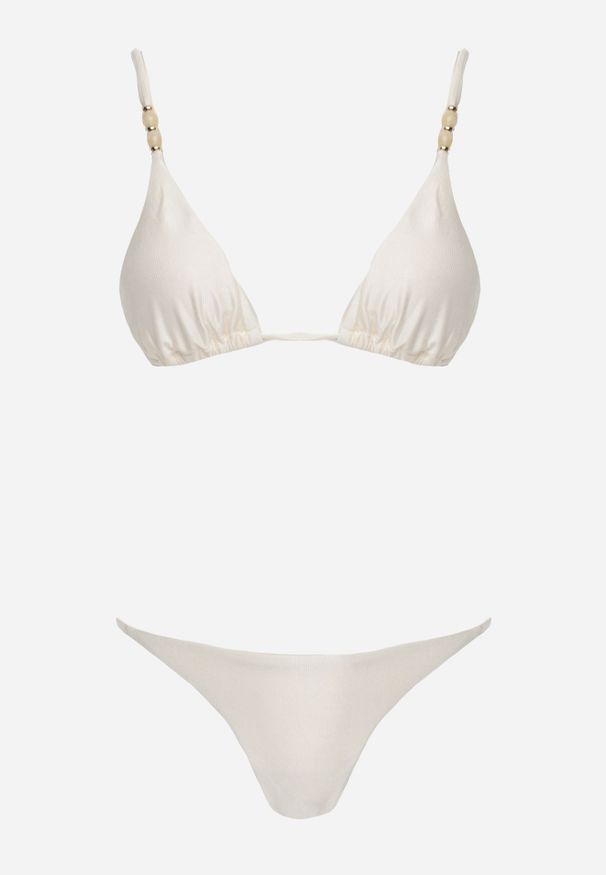 Renee - Jasnobeżowe Bikini Biustonosz z Wiązaniem na Plecach i Koralikami i Majtki Figi Sheille. Kolekcja: plus size. Kolor: beżowy. Wzór: aplikacja, haft