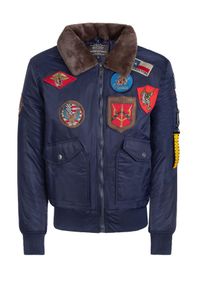 Ochnik - Granatowa męska kurtka pilotka TOP GUN. Kolor: niebieski. Materiał: nylon. Wzór: aplikacja, gładki. Sezon: zima, jesień. Styl: sportowy, elegancki