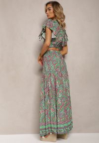 Renee - Zielony Wiskozowy Komplet 2-Częściowy w Print Paisley Długa Spódnica i Kopertowy Top Aeodosia. Kolor: zielony. Materiał: wiskoza. Wzór: paisley, nadruk #4