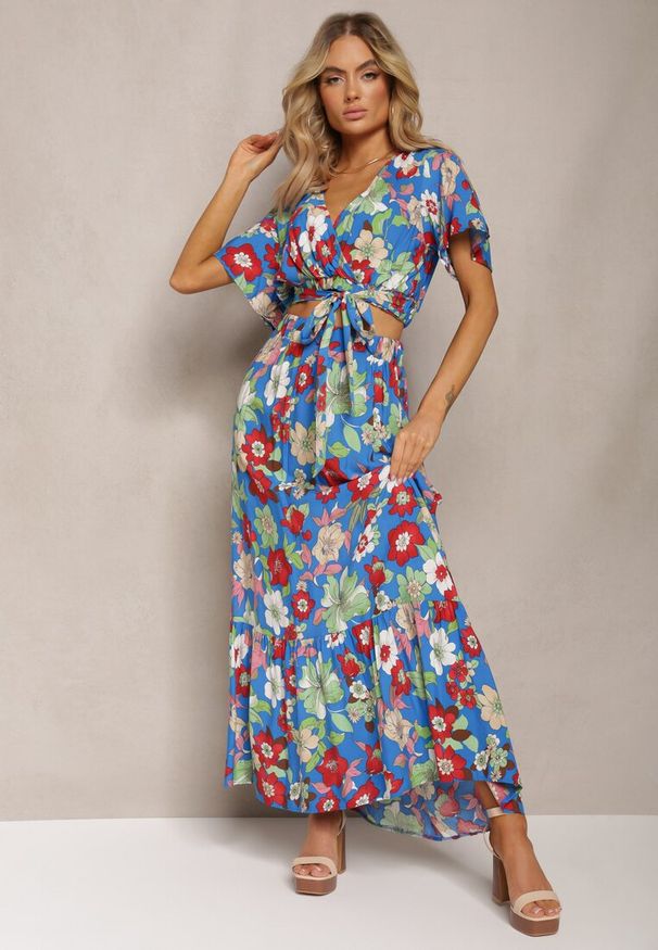 Renee - Niebieski Wiskozowy Komplet w Kwiatowy Print Spódnica i Bluzka z Kopertowym Dekoltem Ollecurne. Kolor: niebieski. Materiał: wiskoza. Wzór: nadruk, kwiaty