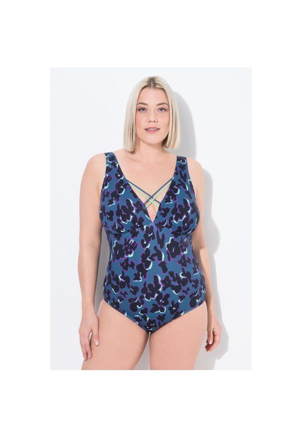 ULLA POPKEN - Damski Kostium kąpielowy nakrapiany miękkie miseczki ozdobne tasiemki. Kolekcja: plus size. Kolor: zielony, niebieski, wielokolorowy. Materiał: poliester, materiał, elastan, poliamid