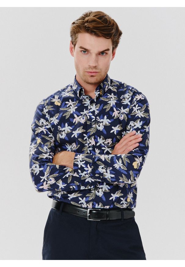 Pako Lorente - PAKO LORENTE – Granatowa koszula męska w kwiaty. Kolor: niebieski. Materiał: bawełna, elastan. Długość rękawa: długi rękaw. Długość: długie. Wzór: kwiaty