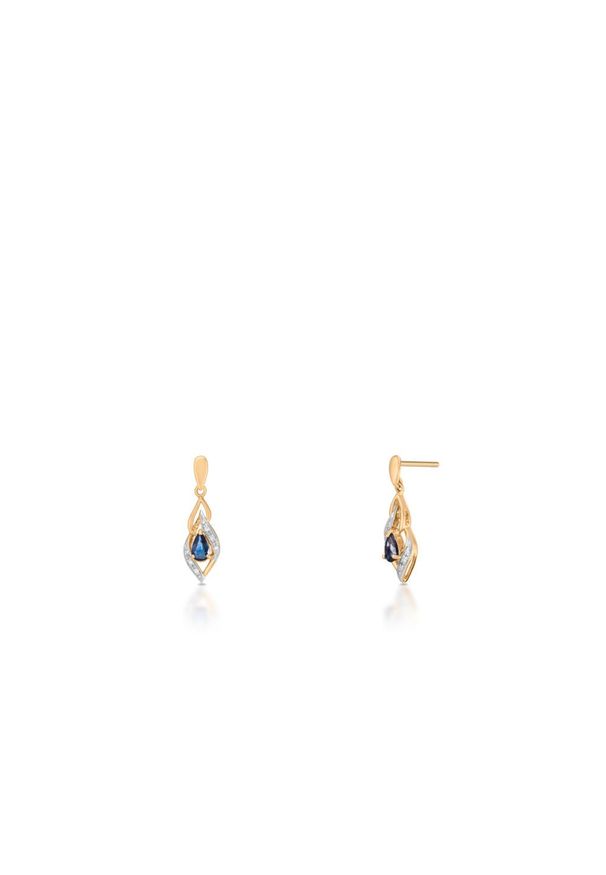 W.KRUK Wspaniałe Złote Kolczyki - złoto 585, Diament 0,04ct,szafir - ZHH/KB+40BK. Materiał: złote. Kolor: złoty. Wzór: aplikacja. Kamień szlachetny: szafir, diament