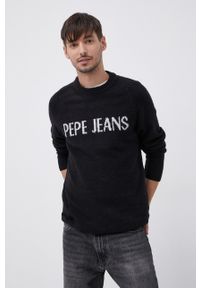 Pepe Jeans Sweter z domieszką wełny męski kolor czarny. Okazja: na co dzień. Kolor: czarny. Materiał: wełna. Długość rękawa: raglanowy rękaw. Wzór: nadruk. Styl: casual #1