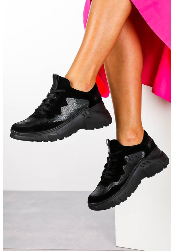 Kati - Czarne sneakersy kati buty sportowe sznurowane 7037. Kolor: czarny