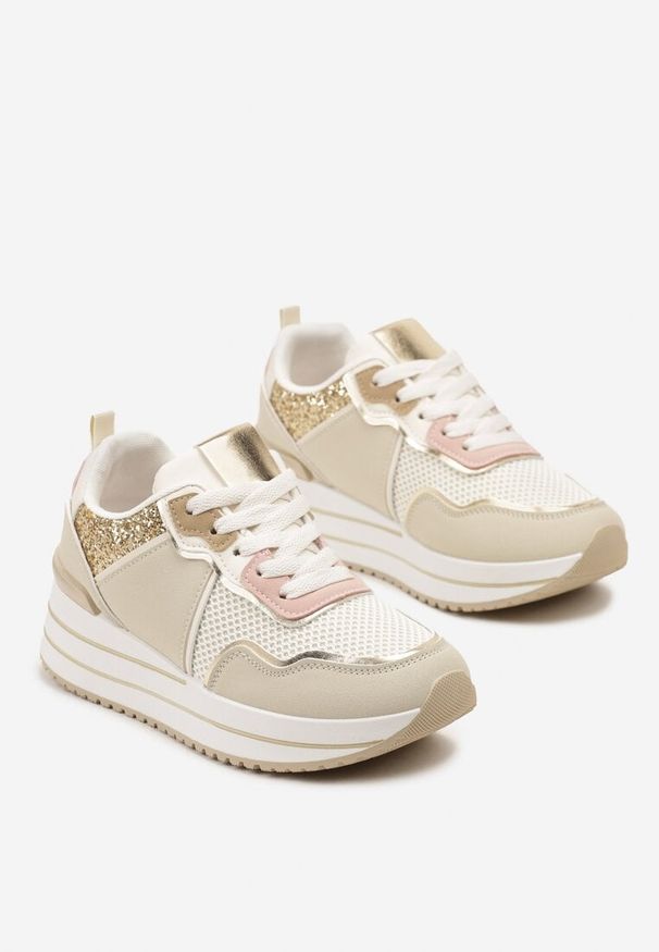 Born2be - Beżowe Sneakersy na Grubej Podeszwie Ozdobione Brokatem Petasse. Okazja: na co dzień. Kolor: beżowy. Wzór: aplikacja