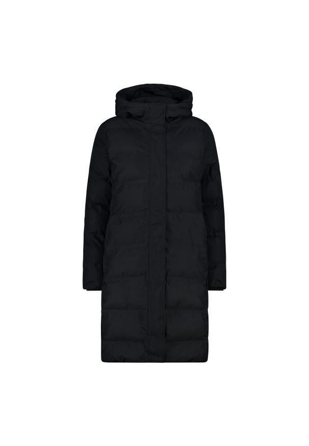 Długa kurtka puchowa z kapturem damska CMP. Typ kołnierza: kaptur. Kolor: czarny. Materiał: puch. Długość: długie. Sport: turystyka piesza
