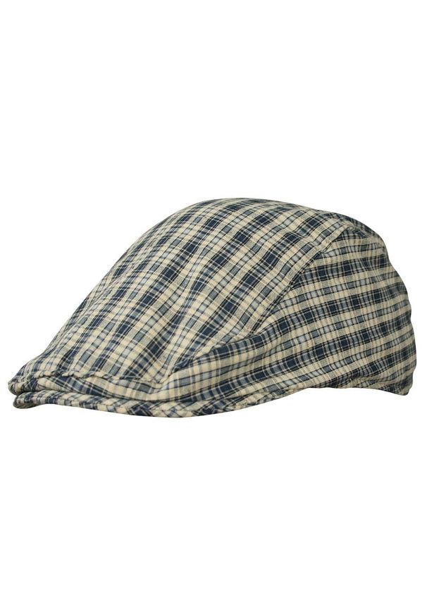 Beżowo-Granatowy Kaszkiet Męski, Przewiewny, Lniany -EM Men's Accessories, Letni. Kolor: beżowy, brązowy, wielokolorowy. Materiał: len. Sezon: lato
