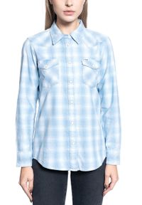 Wrangler - DAMSKA KOSZULA MATERIAŁOWA WRANGLER WESTERN CHECK SHIRT LIGHT INDIGO W5Q12ZX4E. Materiał: materiał