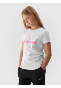 4f - T-shirt z bawełny organicznej dziewczęcy. Kolor: biały. Materiał: bawełna. Wzór: nadruk #1