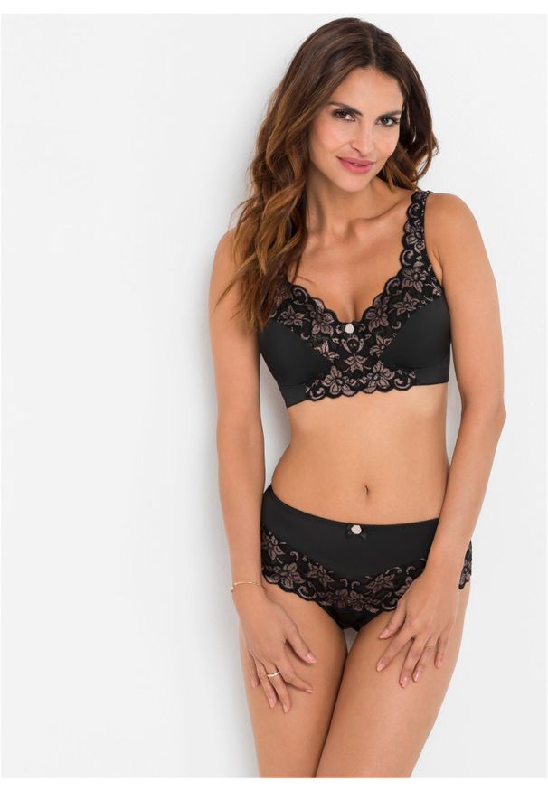 bonprix - Biustonosz minimizer bez fiszbinów z wyściełanymi ramiączkami. Kolor: czarny. Materiał: poliamid, koronka. Rodzaj stanika: różne sposoby noszenia, wyściełane miseczki. Wzór: koronka
