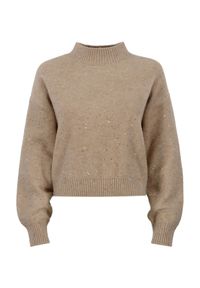 Ochnik - Beżowy sweter damski z cekinami. Kolor: beżowy. Materiał: akryl. Wzór: kwiaty, aplikacja