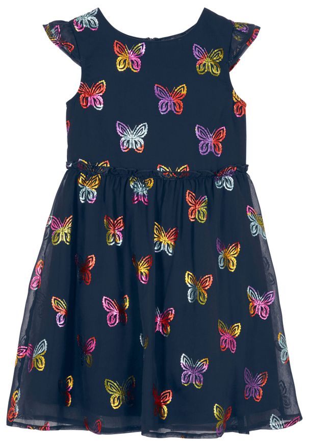 bonprix - Sukienka dziewczęca szyfonowa na uroczyste okazje, z nadrukiem w motyle. Kolor: niebieski. Materiał: szyfon. Wzór: nadruk
