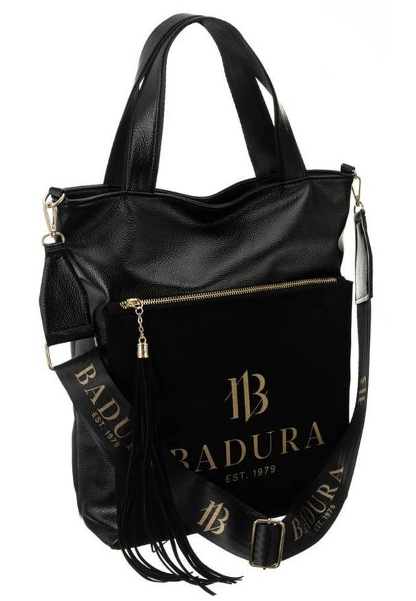Shopper bag czarny z zamszową kieszenią Badura T_D165CZ_CD. Kolor: czarny. Wzór: aplikacja. Dodatki: z breloczkiem, z frędzlami. Materiał: skórzane