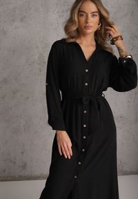 Renee - Czarna Koszulowa Sukienka z Bawełny z Wiązanym Paskiem i Podpinanymi Rękawami Cesela. Okazja: na co dzień. Kolor: czarny. Materiał: bawełna. Typ sukienki: koszulowe. Styl: boho, casual #6