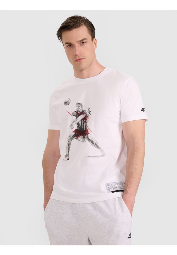 4f - 4F T-shirt regular z nadrukiem siatkarskim męski - biały M. Okazja: do domu, na co dzień. Kolor: biały. Materiał: jersey, bawełna, materiał. Wzór: nadruk. Styl: sportowy, klasyczny, casual