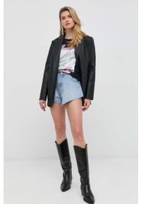 Pinko szorty jeansowe bawełniane damskie kolor niebieski gładkie high waist. Stan: podwyższony. Kolor: niebieski. Materiał: bawełna, jeans. Wzór: gładki #4