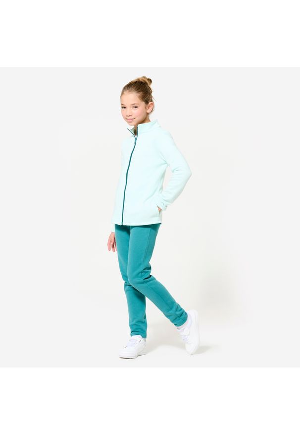 DOMYOS - Dres dziecięcy Domyos Warmy Zip. Okazja: na uczelnię. Kolekcja: plus size. Kolor: zielony. Materiał: bawełna, poliester, materiał. Styl: sportowy