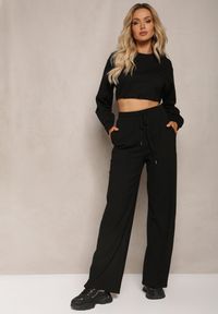 Renee - Czarne Dresowe Spodnie z Bawełny z Wysokim Stanem i Sznurkiem Letenti. Stan: podwyższony. Kolor: czarny. Materiał: dresówka, bawełna. Długość: krótkie. Styl: elegancki #3