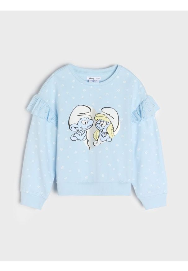 Sinsay - Bluza The Smurfs - niebieski. Typ kołnierza: kołnierz z falbankami. Kolor: niebieski. Długość rękawa: długi rękaw. Długość: długie. Wzór: aplikacja, kwiaty, nadruk, ażurowy