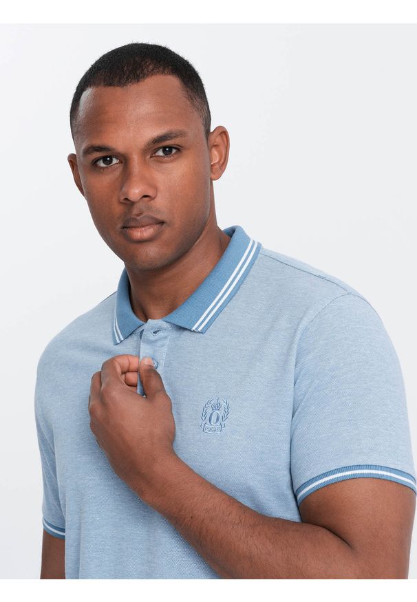 Ombre Clothing - Melanżowa koszulka męska polo z kołnierzykiem w paski – niebieska V3 - Rozmiar: L. Okazja: na co dzień. Typ kołnierza: polo. Kolor: niebieski. Materiał: bawełna. Wzór: paski, melanż. Styl: sportowy, casual