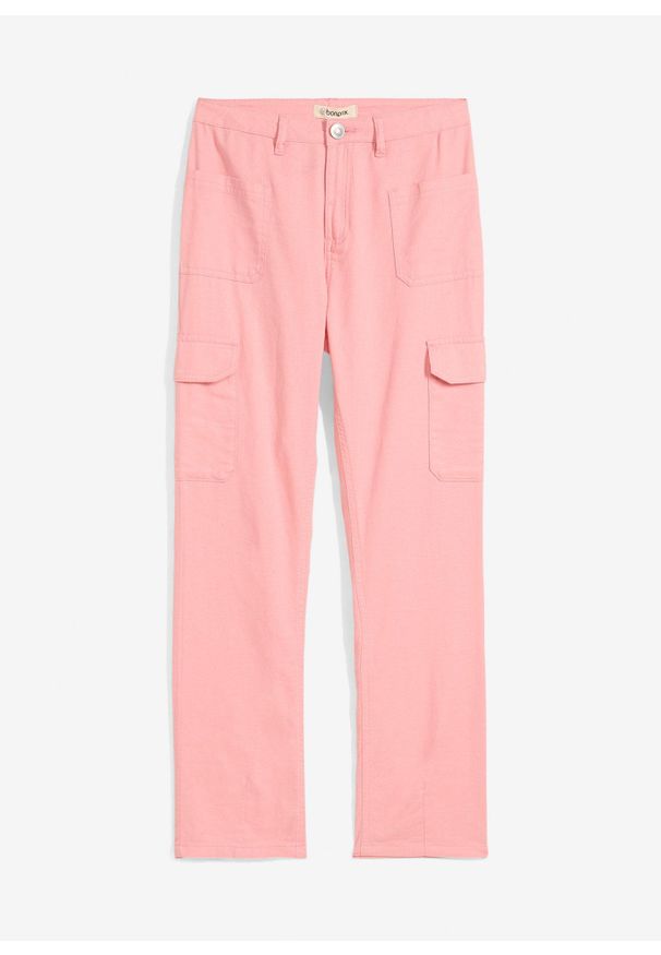 bonprix - Szerokie spodnie twillowe bojówki, mid waist. Kolor: różowy