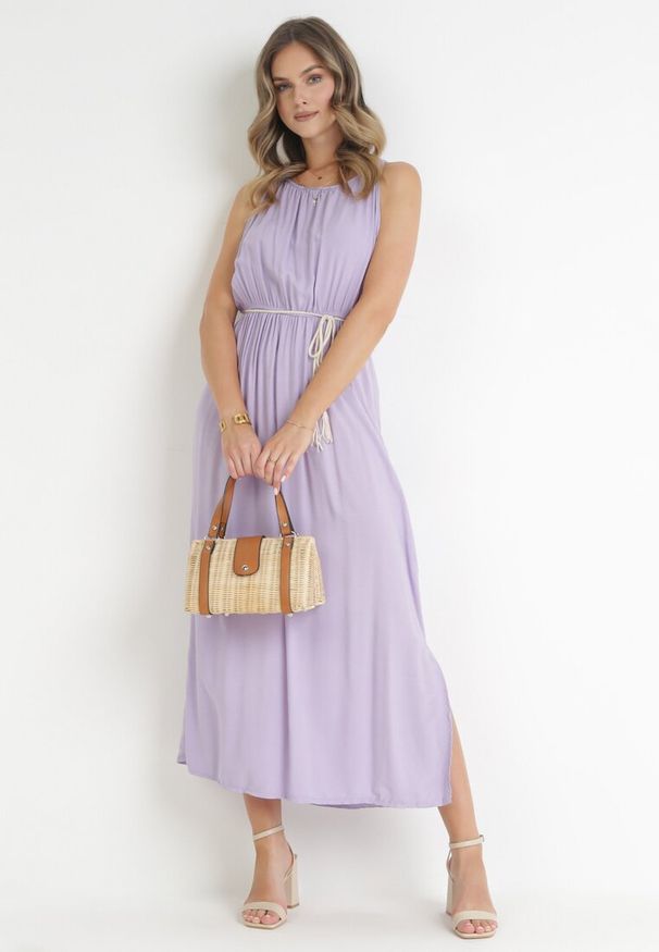 Born2be - Fioletowa Sukienka z Wiskozy Bez Rękawów z Gumką w Pasie Fona. Kolor: fioletowy. Materiał: wiskoza. Długość rękawa: bez rękawów