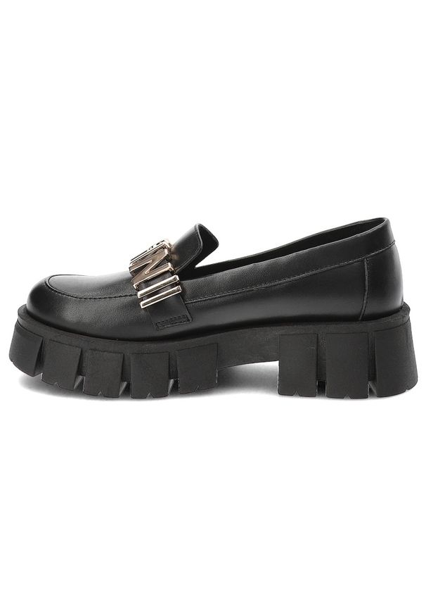 Czarne Półbuty Carinii Stylowe Mokasyny Damskie. Okazja: na co dzień. Kolor: czarny. Materiał: skóra. Szerokość cholewki: normalna. Wzór: aplikacja. Styl: elegancki