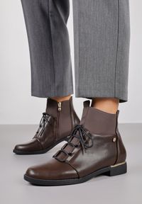 Born2be - Brązowe Sznurowane Botki Vices z Elastycznymi Wstawkami Ganddie. Okazja: na randkę, na co dzień. Kolor: brązowy. Materiał: jeans. Obcas: na obcasie. Styl: klasyczny, casual. Wysokość obcasa: niski #6