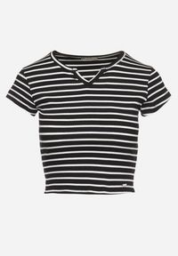 Born2be - Czarno-Biały Bawełniany T-shirt Koszulka z Krótkim Rękawem i Wycięciem przy Dekolcie Zolianara. Kolor: czarny. Materiał: bawełna. Długość rękawa: krótki rękaw. Długość: krótkie. Sezon: lato #4