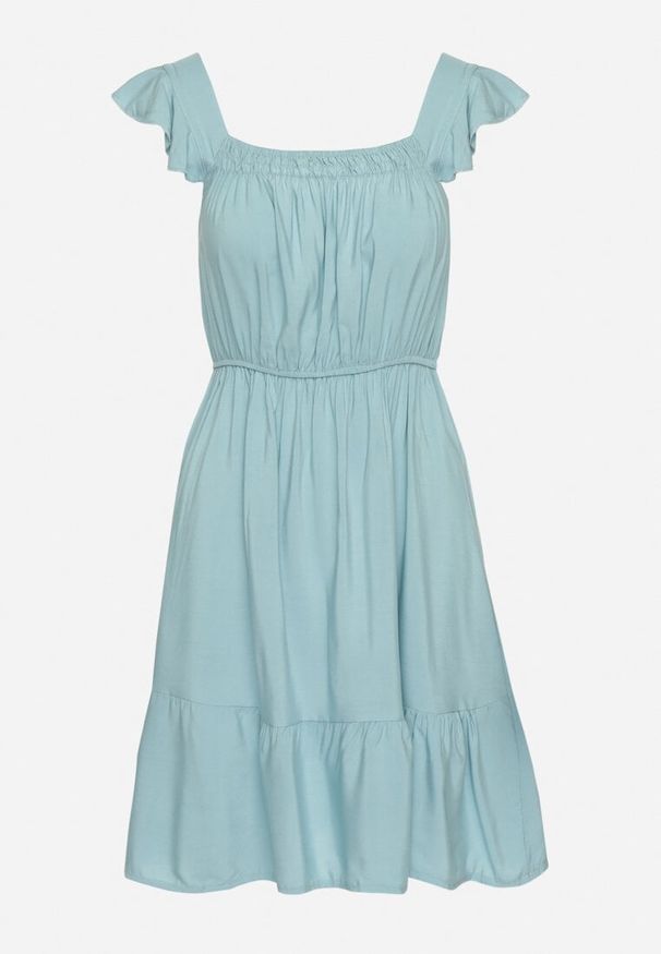 Born2be - Niebieska Sukienka z Wiskozą o Rozkloszowanym Kroju z Gumką w Pasie Lirimere. Okazja: na co dzień. Typ kołnierza: kołnierz z falbankami. Kolor: niebieski. Materiał: wiskoza. Długość rękawa: na ramiączkach. Styl: casual, elegancki