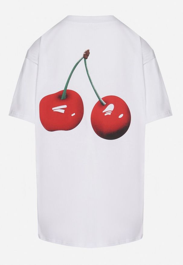 Born2be - Biały T-shirt Bawełniany z Obustronnym Nadrukiem Wiśni Isoriel. Okazja: na co dzień. Kolor: biały. Materiał: bawełna. Wzór: nadruk. Styl: elegancki, casual