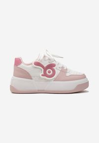 Born2be - Biało-Różowe Sneakersy na Grubej Podeszwie z Abstrakcyjną Aplikacją Cadisa. Kolor: biały. Wzór: aplikacja