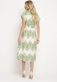 Born2be - Zielono-Beżowa Taliowana Sukienka Boho z Wiskozą Wiązana w Talii Paskiem Losofia. Okazja: na co dzień. Typ kołnierza: dekolt w kształcie V. Kolor: zielony. Materiał: wiskoza. Długość rękawa: krótki rękaw. Wzór: aplikacja. Sezon: lato. Styl: boho #6