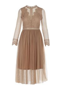 Born2be - Ciemnobeżowa Sukienka Describi. Kolor: beżowy. Materiał: tiul, koronka. Długość rękawa: długi rękaw. Wzór: aplikacja, koronka. Styl: wizytowy, elegancki. Długość: midi #5