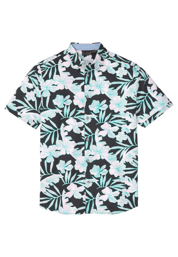 Koszula z krótkim rękawem w hawajski deseń bonprix czarno-biały w paski. Kolor: czarny. Długość rękawa: krótki rękaw. Długość: krótkie. Wzór: paski