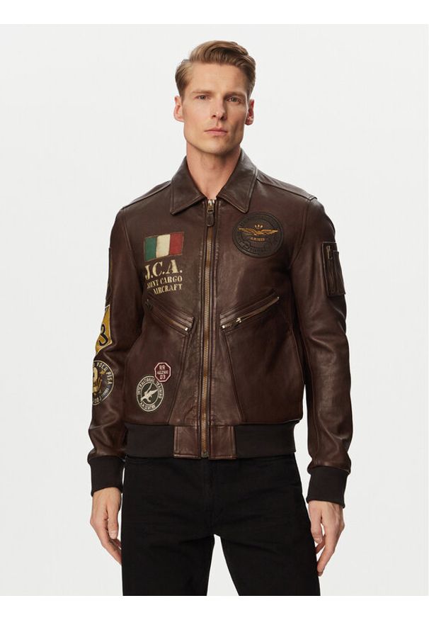 Aeronautica Militare Kurtka skórzana 261PN5056U100839 Brązowy ciemny Regular Fit. Kolor: brązowy. Materiał: skóra