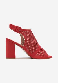 Renee - Czerwone Sandały Appima. Nosek buta: okrągły. Zapięcie: pasek. Kolor: czerwony. Materiał: materiał. Wzór: jednolity, aplikacja. Obcas: na słupku. Styl: boho #6