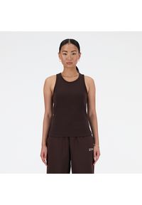 Koszulka damska New Balance WT33536KCF – brązowa. Kolor: brązowy. Materiał: dresówka, bawełna