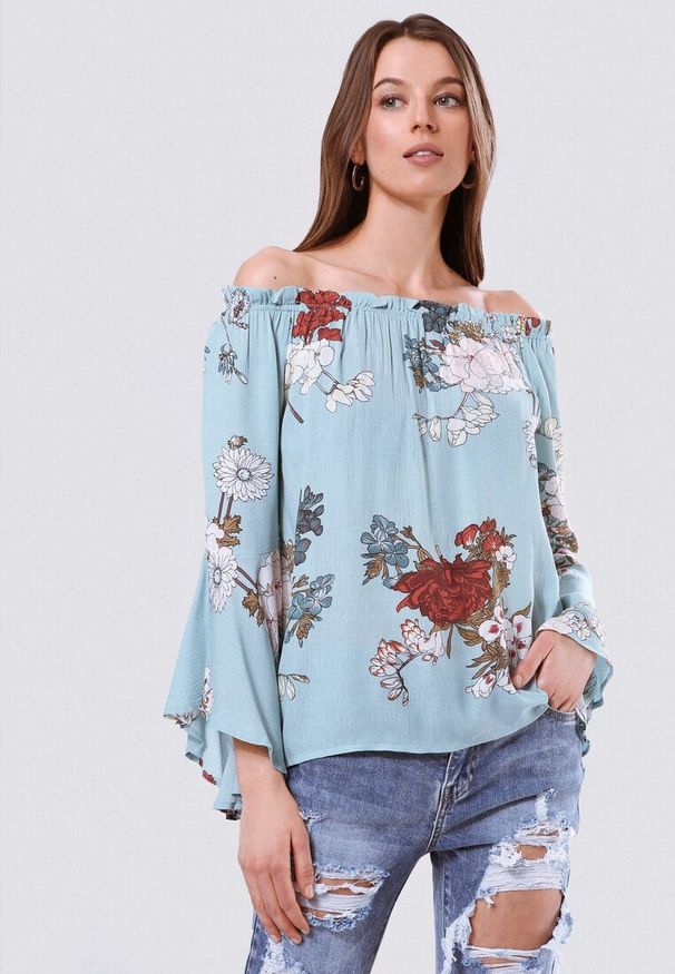 Born2be - Jasnoniebieska Bluzka Intuitively. Kolor: niebieski. Wzór: kwiaty, nadruk