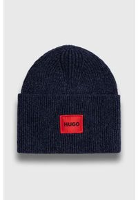 Hugo - HUGO czapka wełniana kolor granatowy z cienkiej dzianiny wełniana. Kolor: niebieski. Materiał: wełna, dzianina