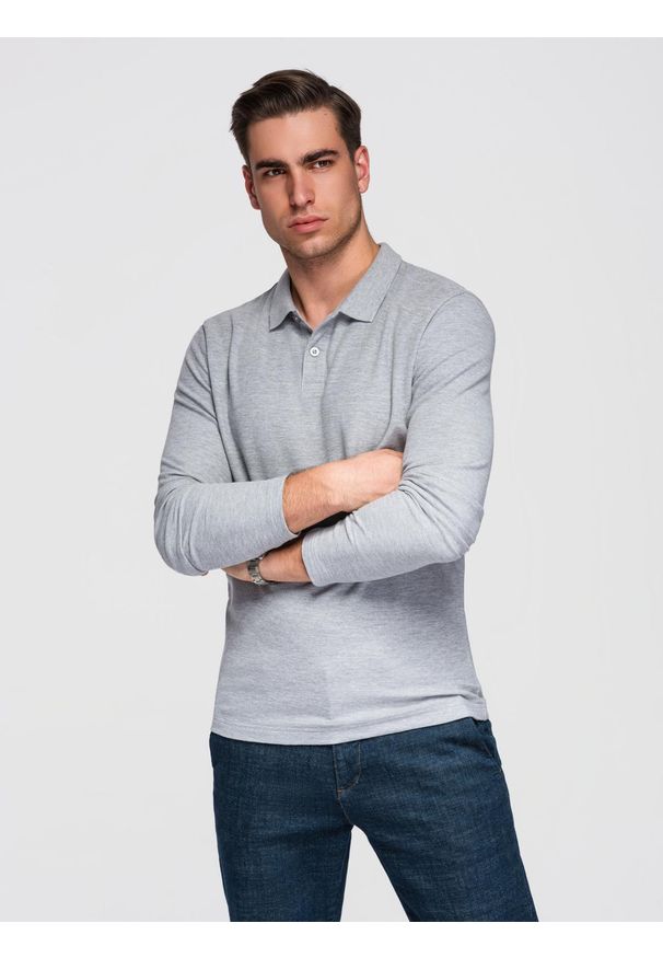 Ombre Clothing - Męski longsleeve z kołnierzykiem polo BASIC – szary melanż V4 - Rozmiar: XL. Okazja: na co dzień, na spotkanie biznesowe, do pracy. Typ kołnierza: polo. Kolor: szary. Materiał: jeans, materiał, bawełna, dzianina. Długość rękawa: długi rękaw. Długość: długie. Wzór: melanż. Styl: biznesowy, casual, wizytowy