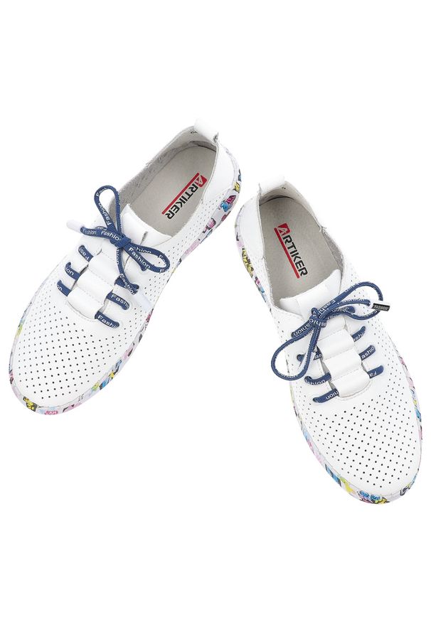 Białe Półbuty Artiker Stylowe Obuwie Damskie. Zapięcie: sznurówki. Kolor: biały. Materiał: skóra. Szerokość cholewki: normalna. Wzór: kolorowy, aplikacja, kwiaty, nadruk. Sezon: wiosna, lato. Styl: elegancki