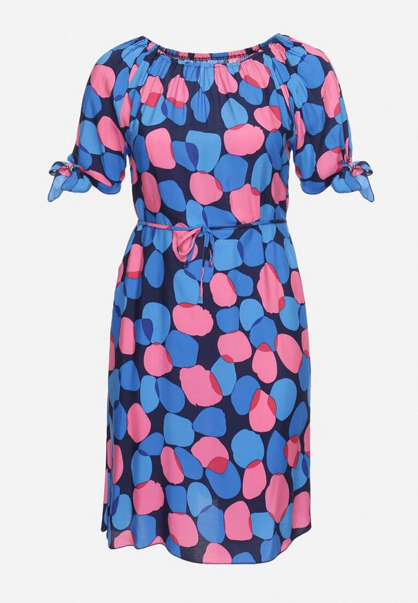 Born2be - Niebieska Trapezowa Sukienka Bawełniana z Elastycznym Dekoltem i Sznurkiem w Talii Eeraphina. Kolor: niebieski. Materiał: bawełna. Typ sukienki: trapezowe. Styl: elegancki, wizytowy, rockowy